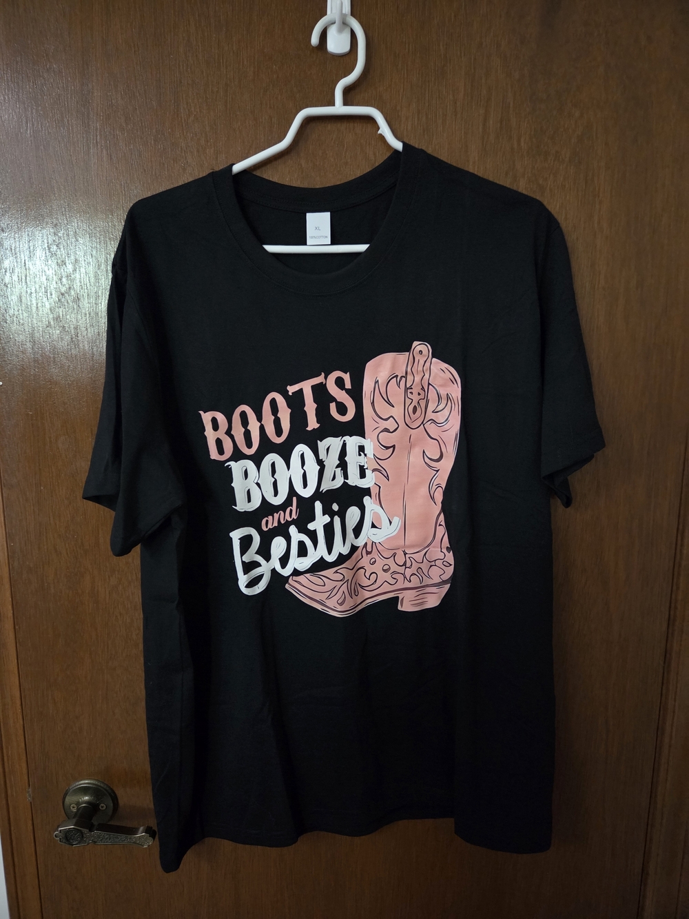 Boots Booze and Besties Graphic Tee - Black with Pink Print